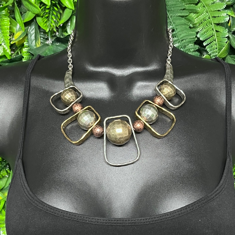 Mixed‎ Metal Geometric Necklace Hammered Statement Silver Gold Copper Tone 3817